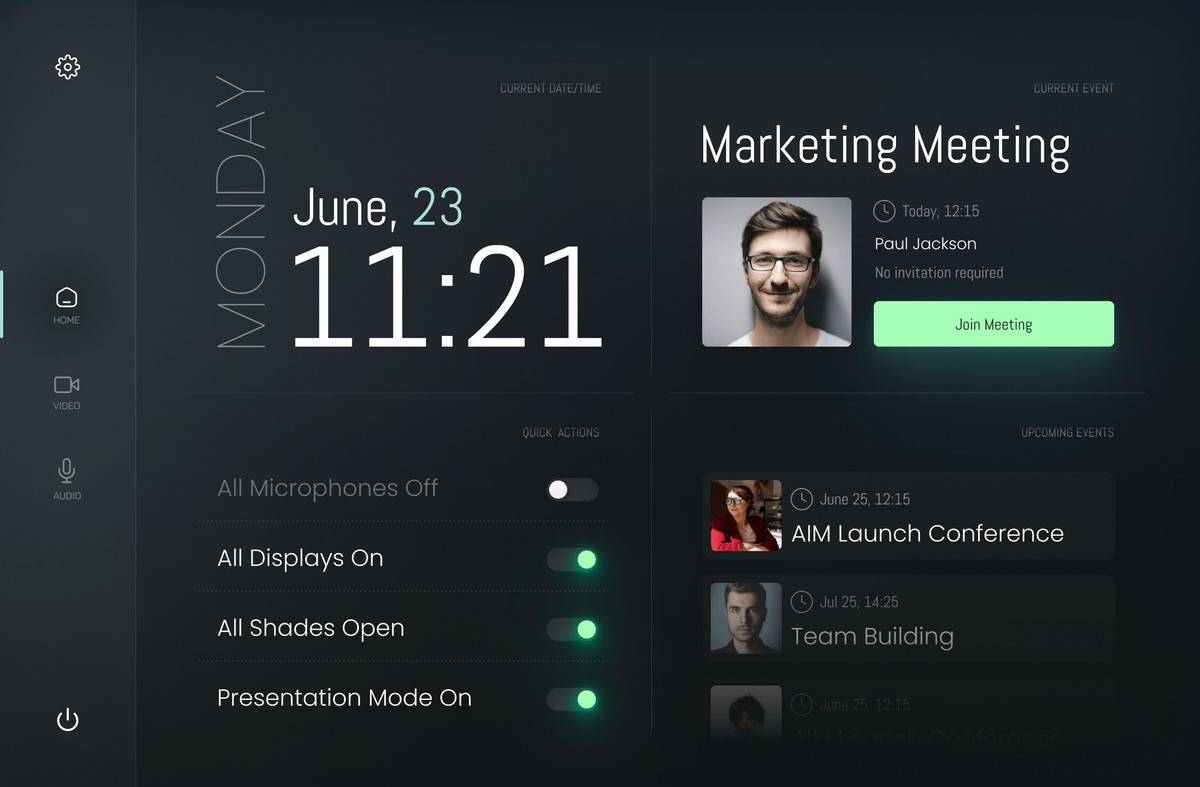Dark Huddle HTML5 GUI for Crestron created in Avgator Studio